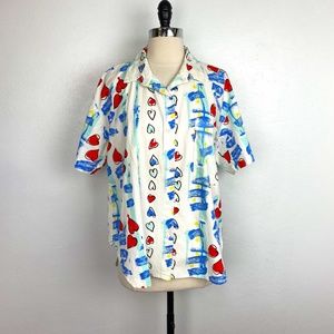 Vintage 80s Street Wise Womens Heart Shirt Button Front Short Sleeves Large